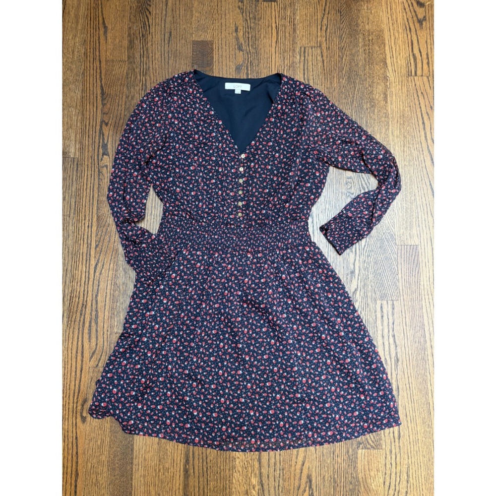 LOFT Dress Size M Navy Ladybug Print Gold Buttons Smocked Waist Whimsigoth Boho